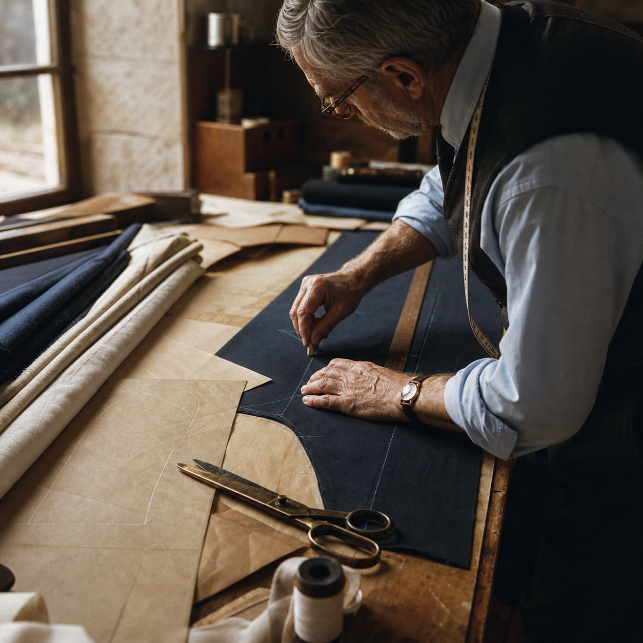 An experienced tailor marking navy fabric at a heritage cutting table